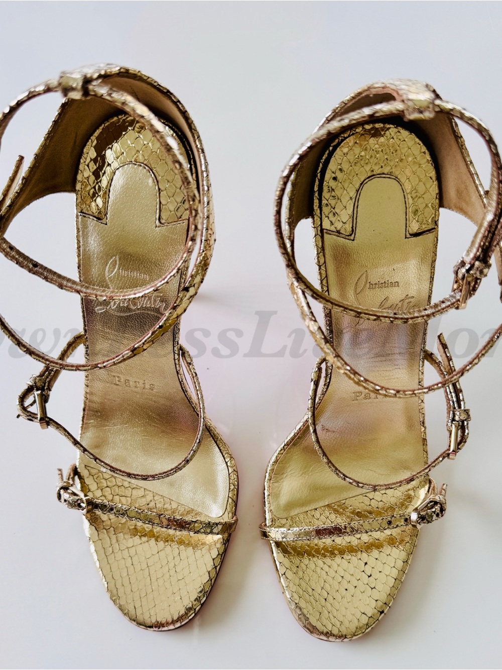 Christian Louboutin Millenium Metallic Gold Snake-Textured Strappy Heels